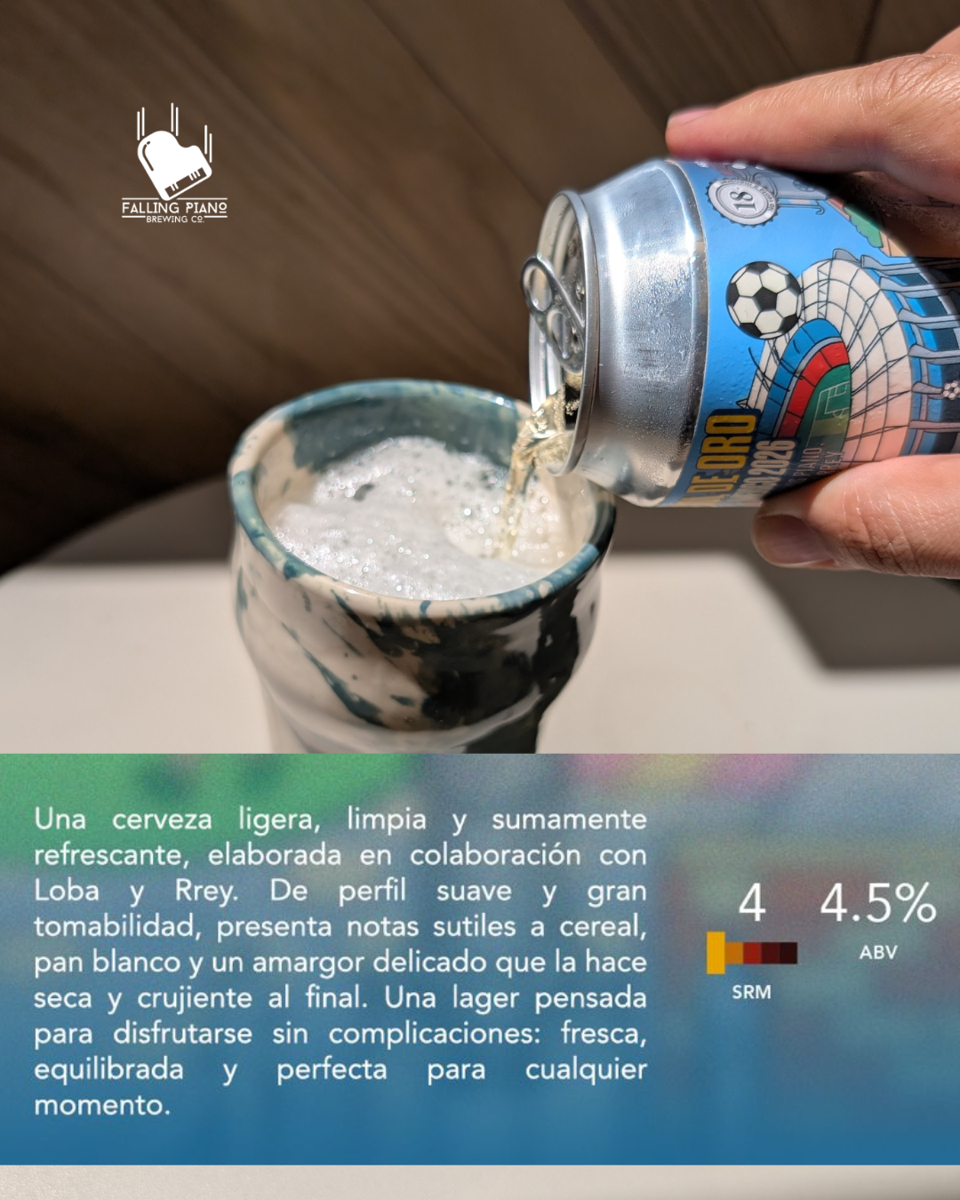 Vaso para cerveza Kenti + Cerveza Gol de oro Falling Piano Brew